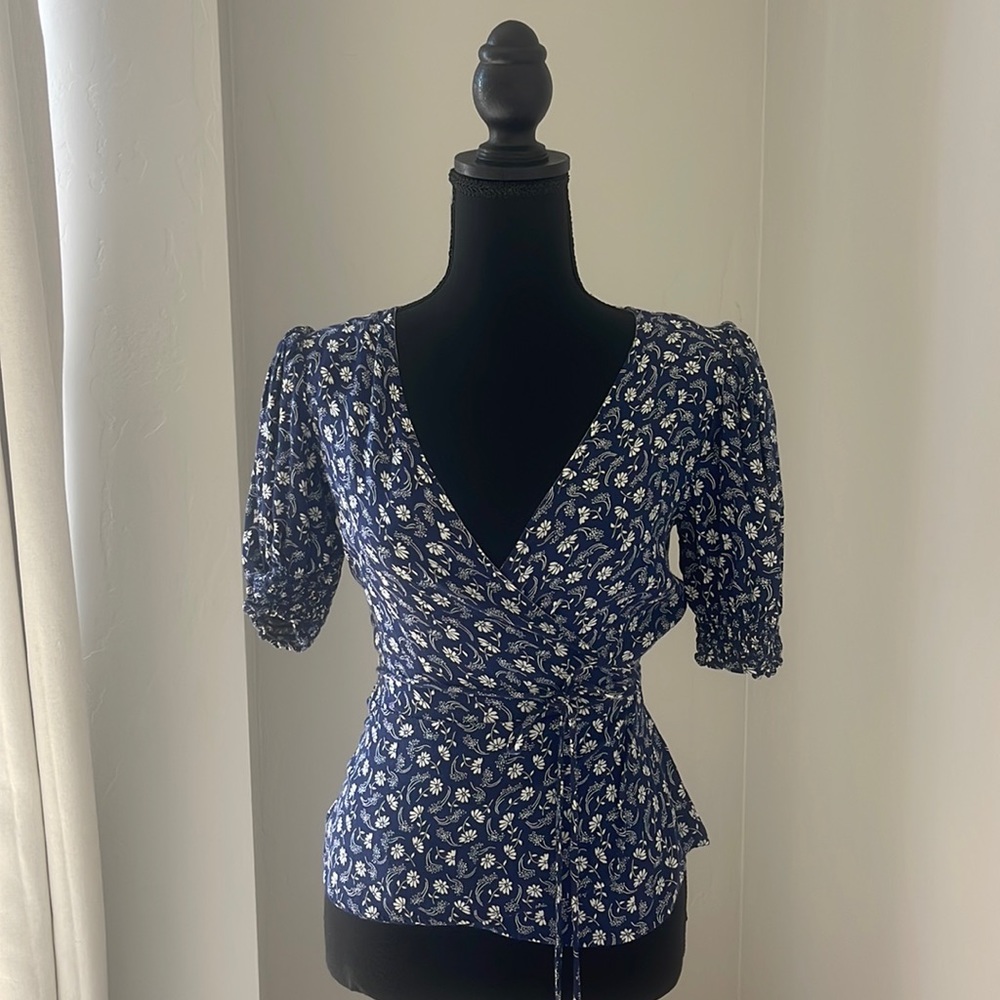 Reformation, blue floral wrap top size small
